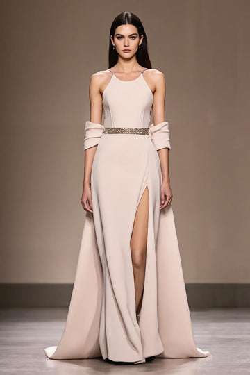 Elfenben Satin A-linje Kall Axel Lång Aftonklänning med Slits